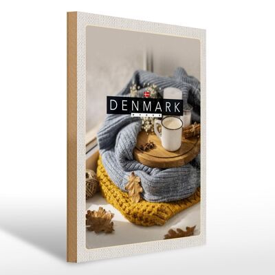 Cartel de madera de viaje 30x40cm Dinamarca suéter de lana taza canela en rama