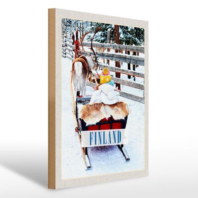 Cartel de madera viaje 30x40cm Finlandia nieve niño ciervo trineo