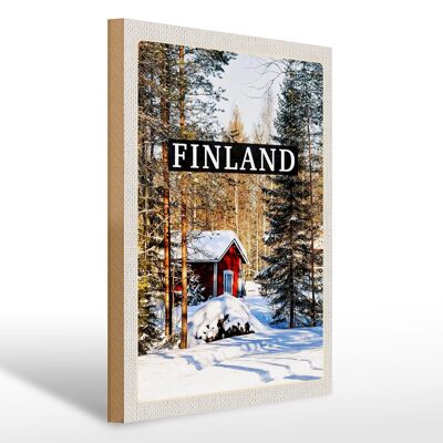 Holzschild Reise 30x40cm Finnland Winterzeit Schnee Wald