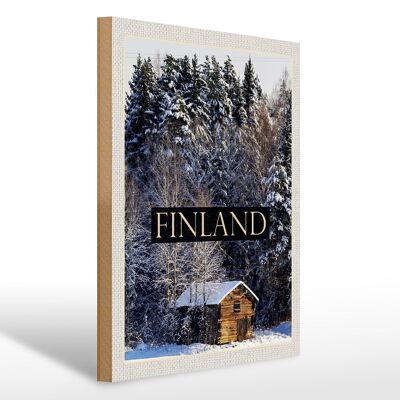 Cartel de madera viaje 30x40cm Finlandia casa bosque nevado invierno