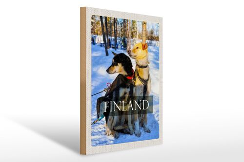 Holzschild Reise 30x40cm Finnland Schnee Winterzeit Wald Hunde