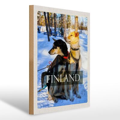 Cartel de madera viaje 30x40cm Finlandia nieve invierno perros del bosque