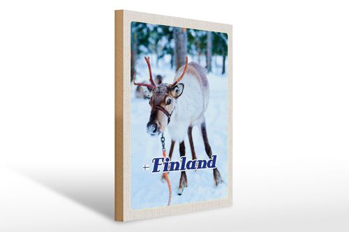 Holzschild Reise 30x40cm Finnland Hirsch Wald kalt Schnee