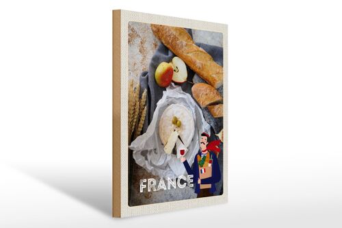 Holzschild Reise 30x40cm Frankreich Baguette Käse Birne Olive