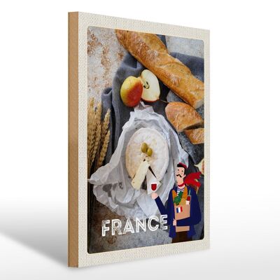Cartel de madera viaje 30x40cm Francia baguette queso pera oliva