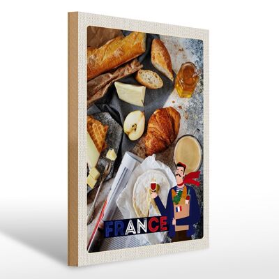 Cartel de madera viaje 30x40cm Francia Camembert Croissant Pera