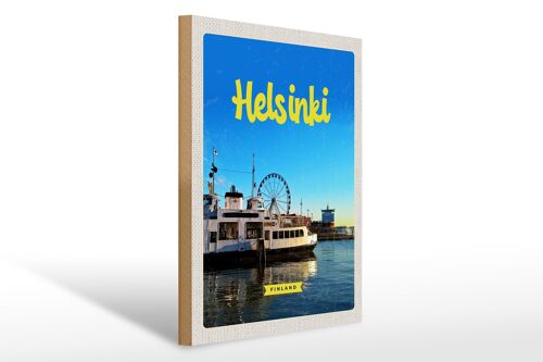 Holzschild Reise 30x40cm Helsinki Finnland Schiff Riesenrad