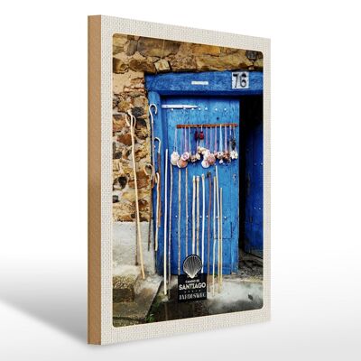 Cartel de madera viaje 30x40cm España conchas puerta azul bastón