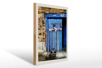 Panneau de voyage en bois 30x40cm, coquilles d'espagne, porte bleue, canne de marche 1