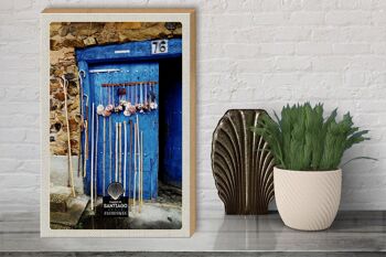 Panneau de voyage en bois 30x40cm, coquilles d'espagne, porte bleue, canne de marche 3
