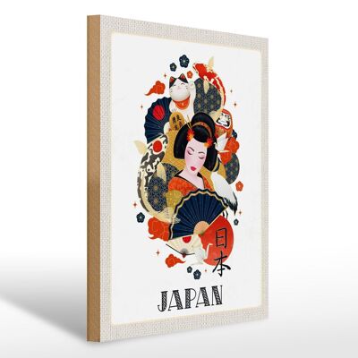 Cartel de madera viaje 30x40cm Japón mujer gato pez arte cultura