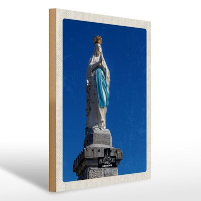 Panneau en bois voyage 30x40cm France Lourdes sculpture or blanc