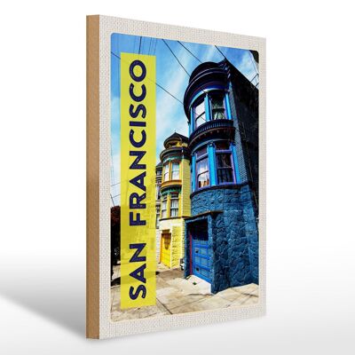 Holzschild Reise 30x40cm San Francisco Amerika Häuser blau gelb
