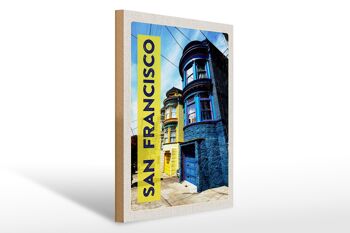 Panneau en bois voyage 30x40cm San Francisco America maisons bleu jaune 1