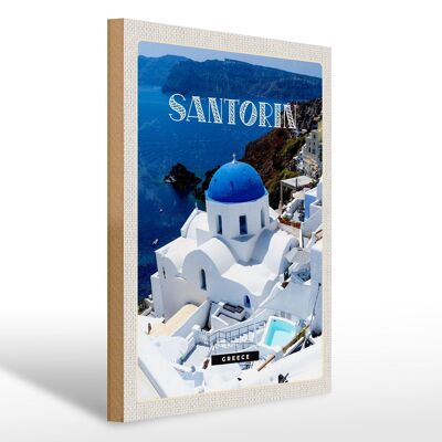 Cartello in legno da viaggio 30x40 cm Santorini Grecia edificio bianco blu