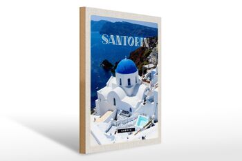 Panneau en bois voyage 30x40cm Santorin Grèce bâtiment blanc bleu 1