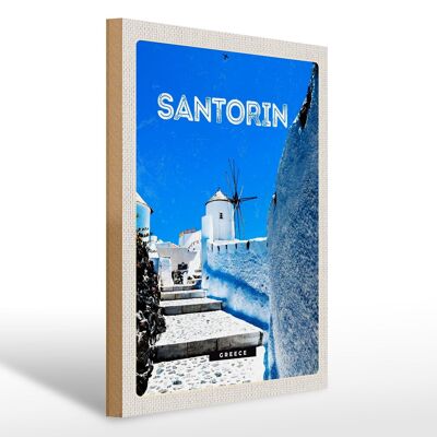 Cartel de madera viaje 30x40cm Santorini Grecia escalera blanca