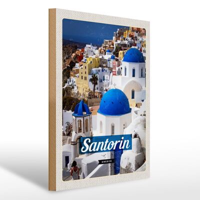Cartello in legno da viaggio 30x40 cm Santorini Grecia città bianco blu