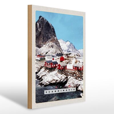Cartel de madera viaje 30x40cm Escandinavia casas de nieve montañas