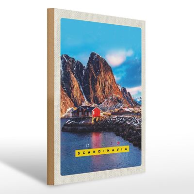 Cartel de madera viaje 30x40cm Escandinavia montañas mar casas rojas