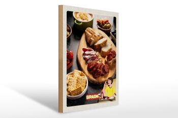 Panneau en bois voyage 30x40cm Espagne saucisses olives tomates plat 1