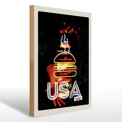 Cartel de madera viaje 30x40cm America USA platos de hamburguesa americana