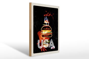 Panneau en bois voyage 30x40cm Amérique USA Burger plats américains 1