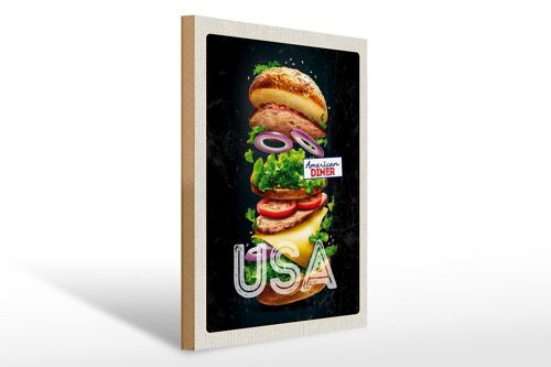 Holzschild Reise 30x40cm Amerika USA Burger Tomaten Gemälde