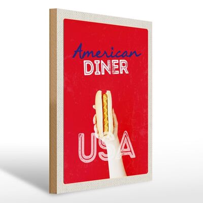 Cartel de madera viaje 30x40cm América USA plato de comida rápida para hot dog