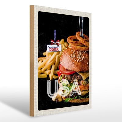 Cartel de madera viaje 30x40cm USA hamburguesas fritas comiendo aros de cebolla