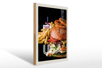 Panneau en bois voyage 30x40cm USA burger frites mangeant des rondelles d'oignon 1