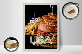 Panneau en bois voyage 30x40cm USA burger frites mangeant des rondelles d'oignon 2