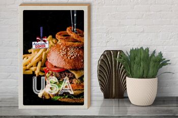 Panneau en bois voyage 30x40cm USA burger frites mangeant des rondelles d'oignon 3