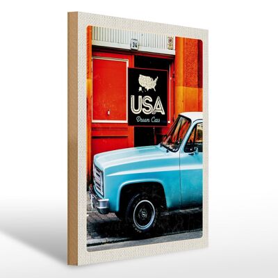 Cartel de madera viaje 30x40cm EE.UU. coches dram vintage azul América