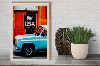 Panneau en bois voyage 30x40cm USA vintage dram cars bleu Amérique 3
