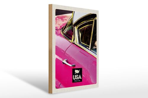 Holzschild Reise 30x40cm Amerika Oldtimer rosa Silber Urlaub