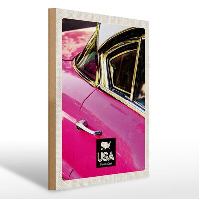 Cartel de madera viaje 30x40cm América coche antiguo rosa plata vacaciones