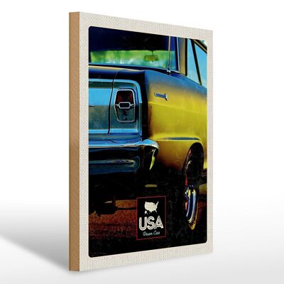 Cartel de madera viaje 30x40cm América coche antiguo EE.UU. amarillo vacaciones