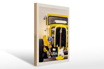 Panneau en bois voyage 30x40cm Amérique voiture vintage voiture jaune guitare 1
