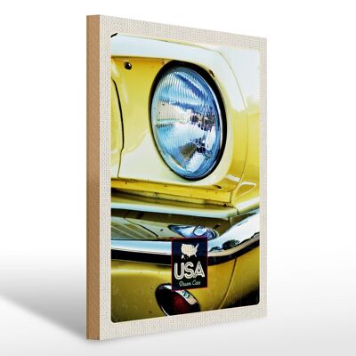 Cartel de madera viaje 30x40cm América faros de coches antiguos amarillo