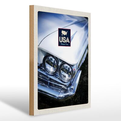 Cartel de madera viaje 30x40cm América coche clásico blanco Dream Cars