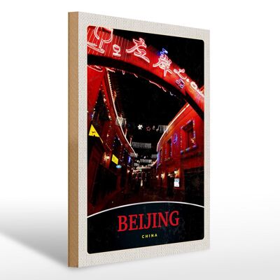 Cartello in legno da viaggio 30x40 cm Cina Asia Vicolo di Pechino la sera