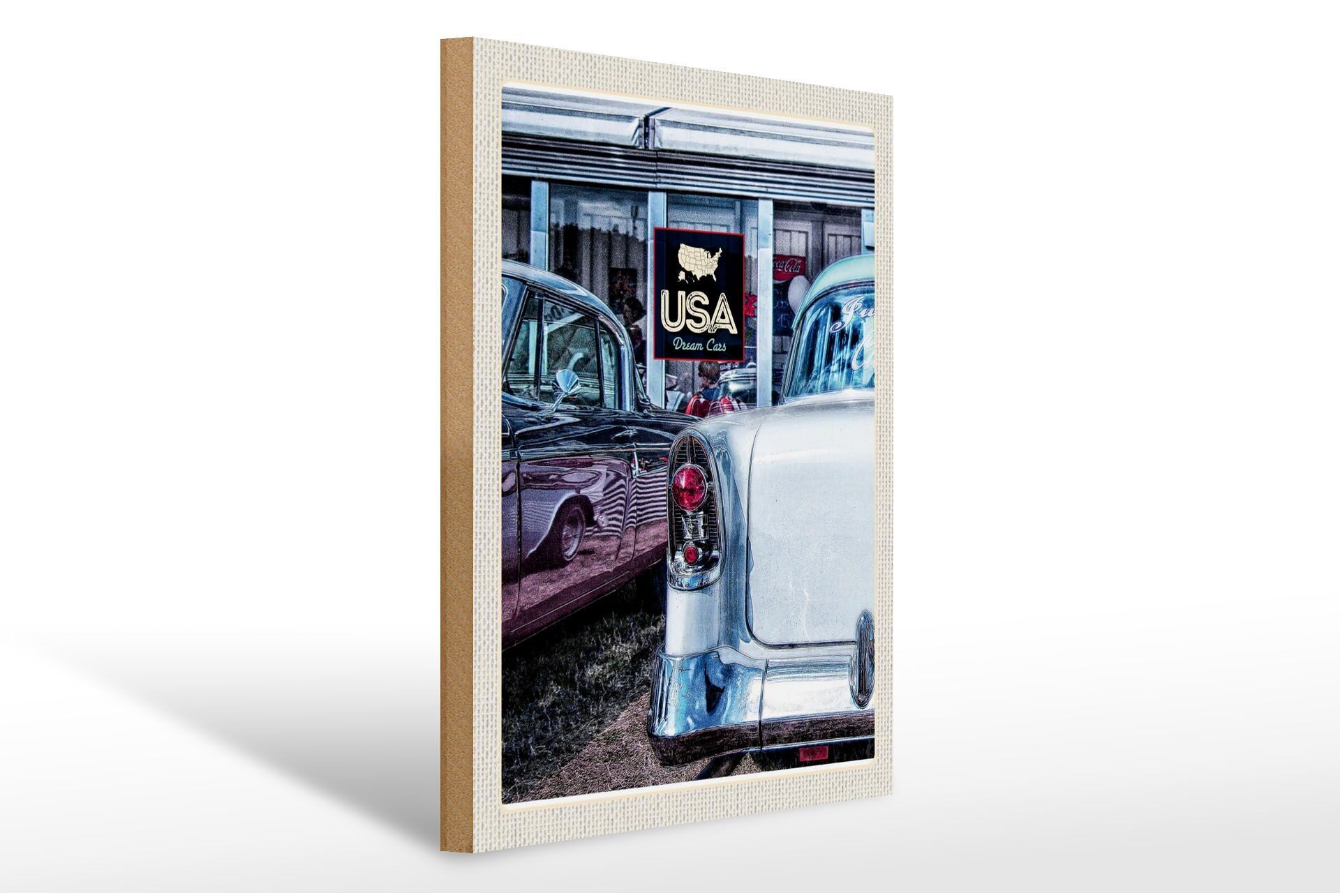 Panneau en bois voyage 30x40cm Amérique vintage années 90 voitures dram argentées