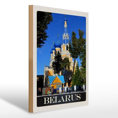 Cartel de madera viaje 30x40cm Bielorrusia Europa arquitectura azul beige