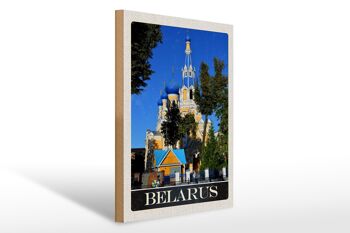 Panneau en bois voyage 30x40cm Biélorussie Europe architecture bleu beige 1