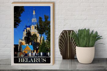 Panneau en bois voyage 30x40cm Biélorussie Europe architecture bleu beige 3