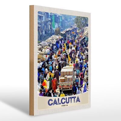 Cartello in legno da viaggio 30x40cm Calcutta India 4,5 milioni di abitanti