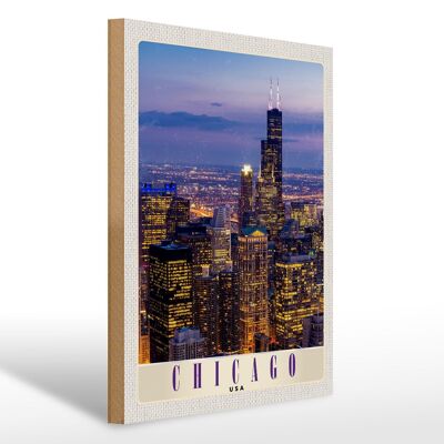 Cartello in legno da viaggio 30x40 cm Chicago America USA sera grattacielo