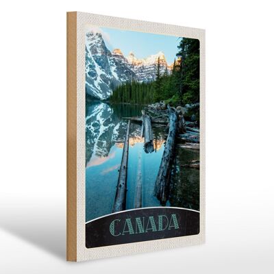Cartel de madera viaje 30x40cm Canadá invierno nieve naturaleza bosque río