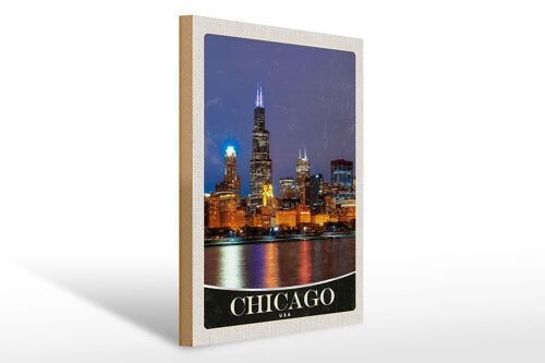 Holzschild Reise 30x40cm Chicago USA Amerika Abend am Meer